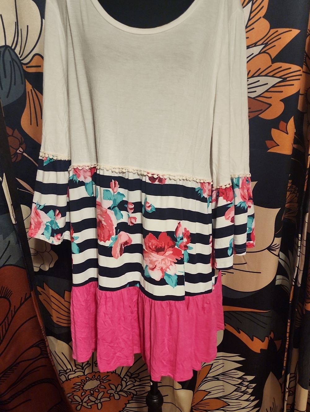 Celeste Cream Navy Stripe Tunic with Pink Floral & Bright Pink Tier